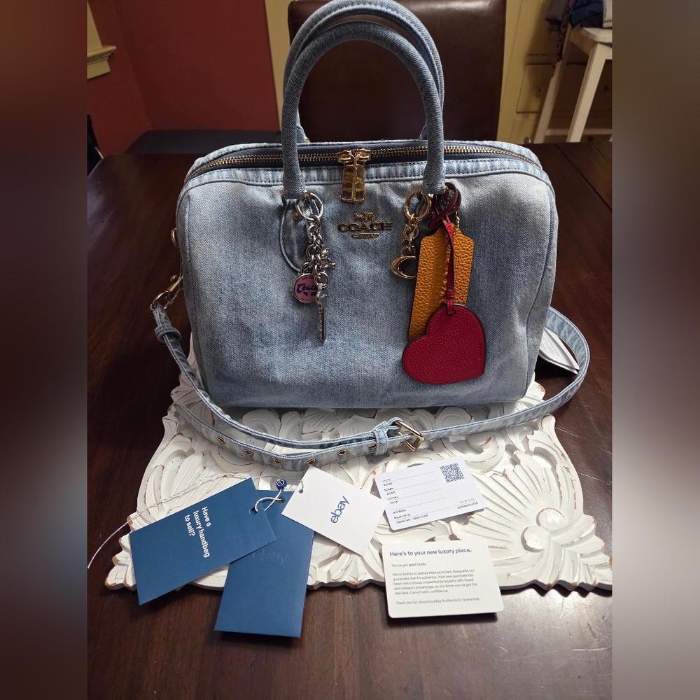 NWT Coach Rowan Satchel In Loved Denim With Charms